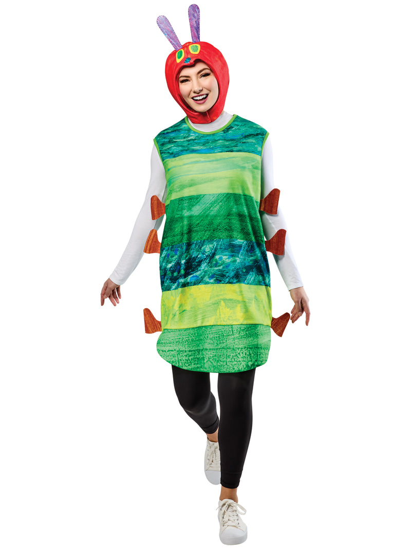 Close-up of The Very Hungry Caterpillar costume showing felt feet and painterly stripe pattern