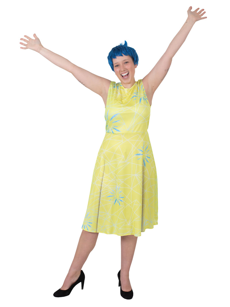 Close-up of Joy costume dress showing light blue starburst and abstract line patterns on bright yellow fabric