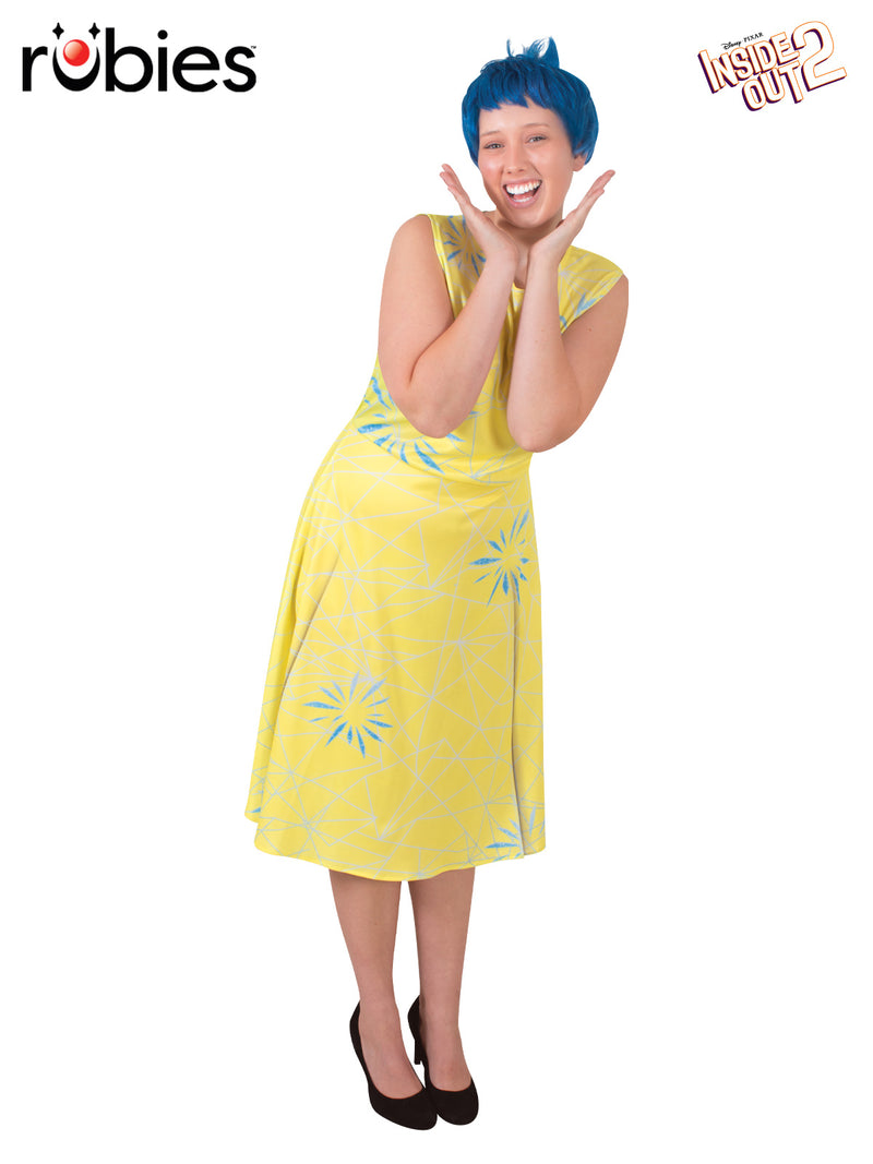 Womens Joy costume from Disney Pixar Inside Out - yellow A-line dress with blue geometric print and spiky blue wig