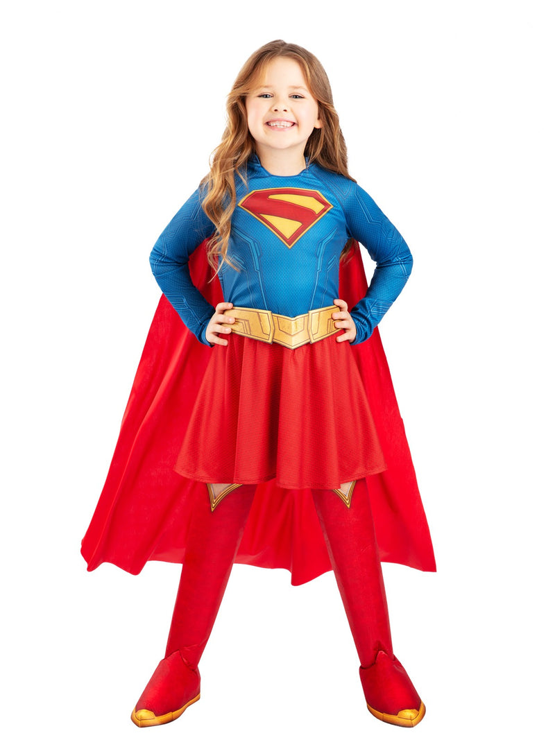 Girls Supergirl costume with royal blue bodice, red tutu skirt, and flowing red cape