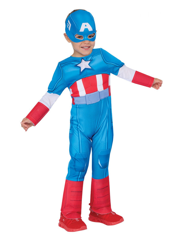 Toddler wearing Captain America costume with padded muscle chest and fabric mask