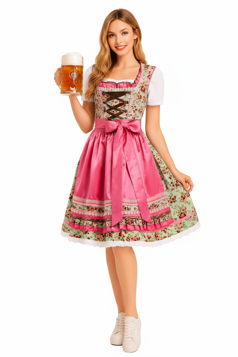 Womens Oktoberfest Dirndl Costume - Pink Floral Beer Maid Dress