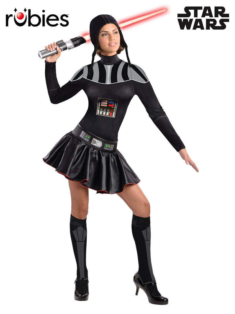 Womens Darth Vader costume dress with printed chest armor, mini skirt, and headpiece
