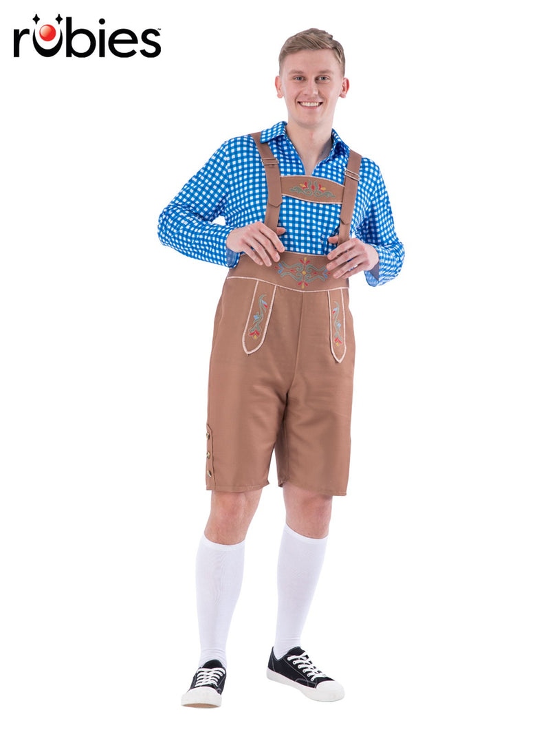 Mens Bavarian Oktoberfest costume with tan lederhosen jumpsuit and blue gingham shirt on white background
