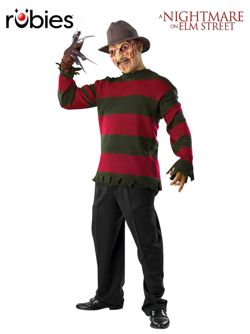 Adult Freddy Krueger striped sweater in red and green with distressed edges