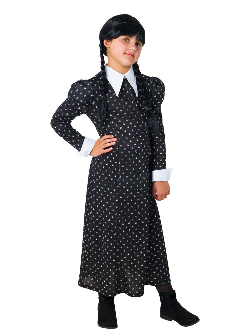 Kids Wednesday Addams costume - full-length black dress with white pointed collar and puffed sleeves