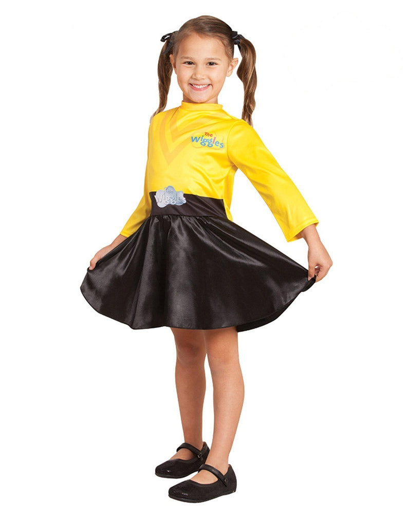 Kids Yellow Wiggle dress costume with The Wiggles logo and black satin skirt