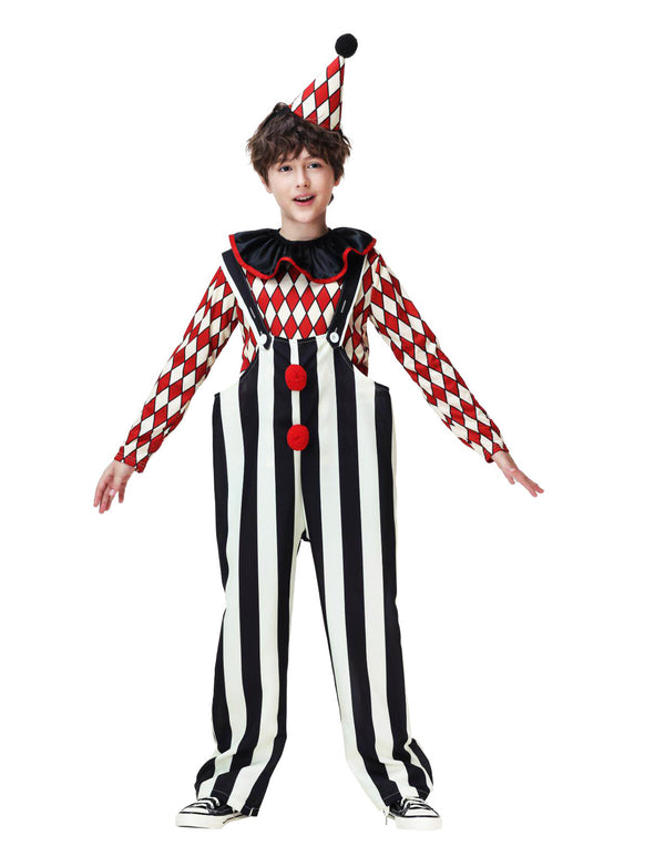 Kids harlequin clown costume with red-and-white diamond check shirt and black-white stripe overalls, front view