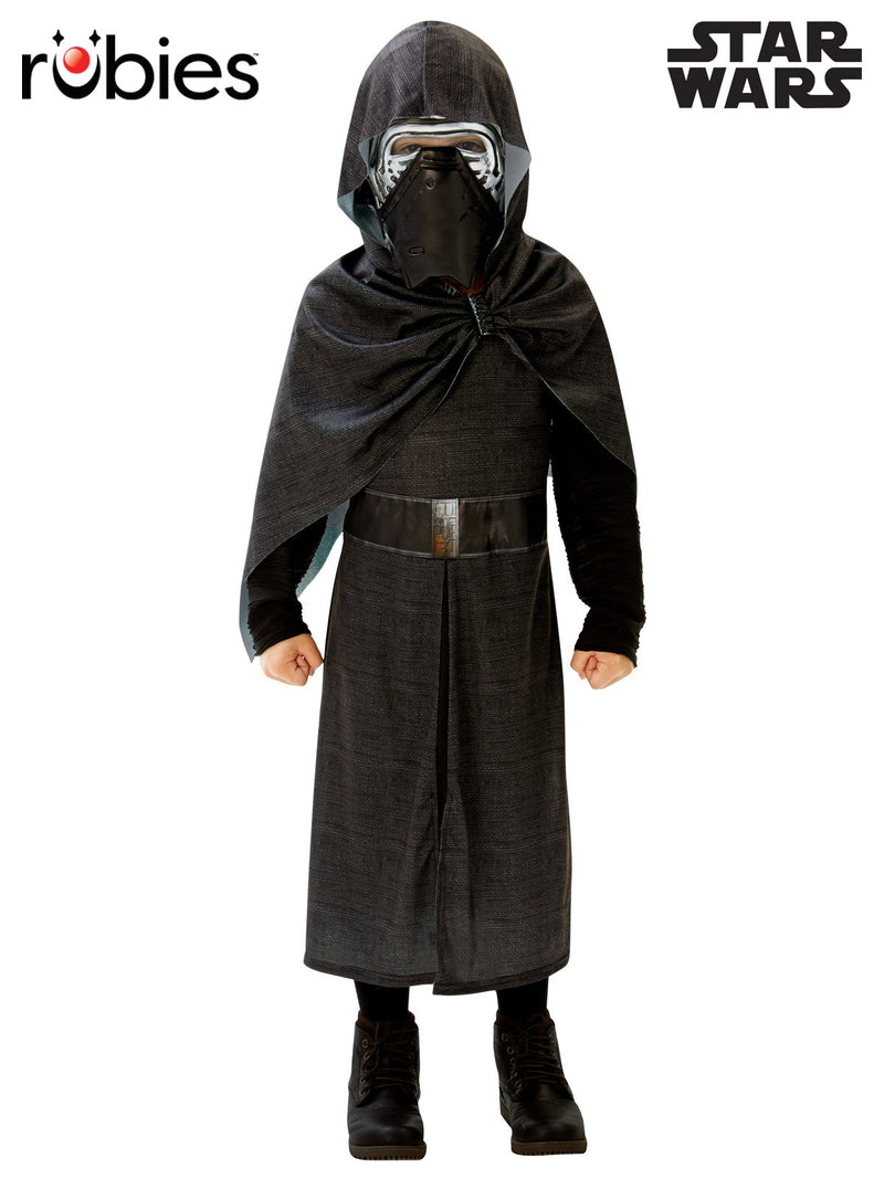 Kids Kylo Ren costume with black hooded robe, asymmetrical cape and chrome-detailed mask