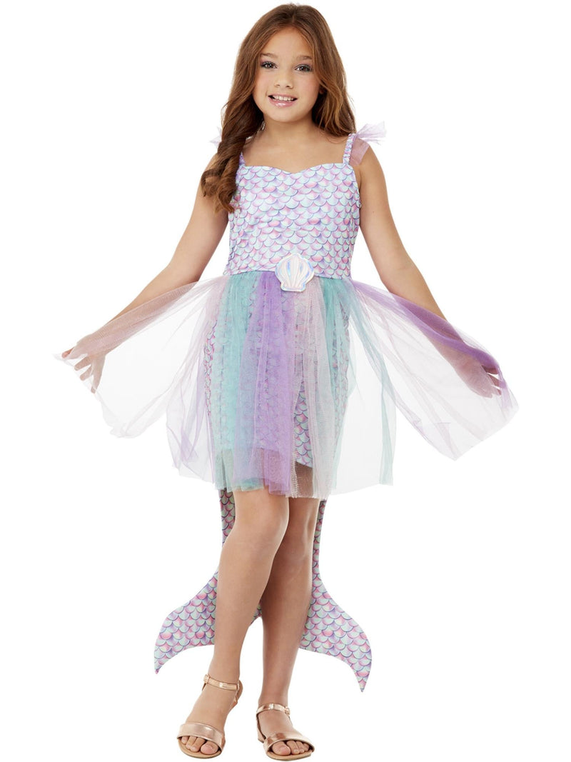 Kids pastel mermaid costume with iridescent scale bodice and rainbow tulle skirt