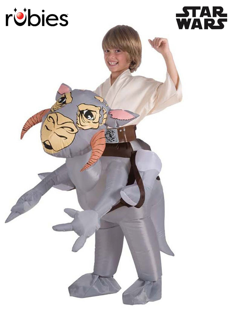 Child wearing grey Tauntaun inflatable costume with curved horns and printed facial features