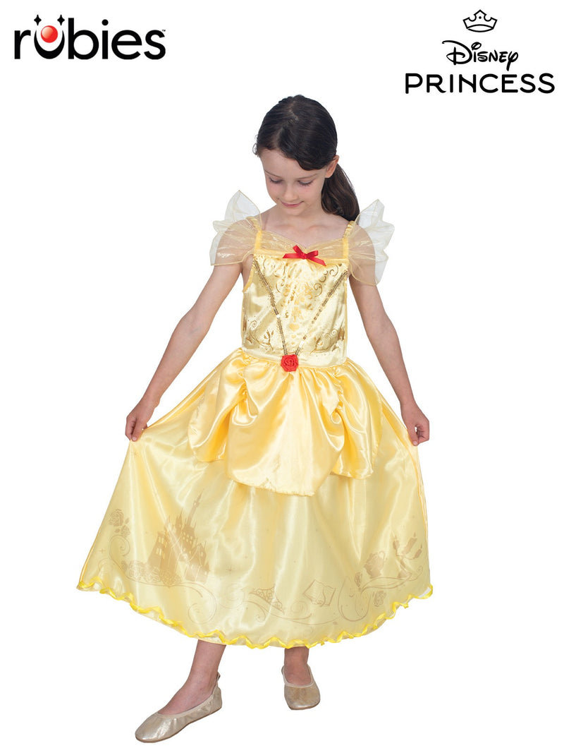 Kids Belle princess costume in golden yellow satin ball gown with off-shoulder tulle collar