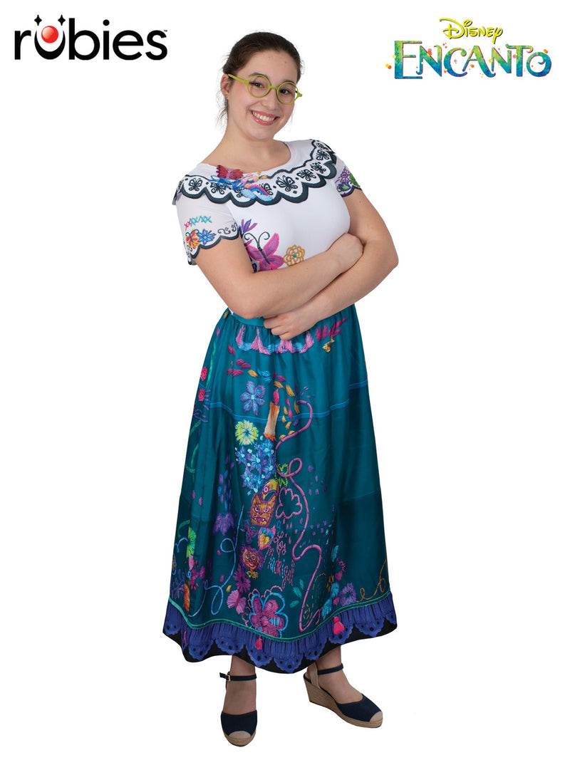 Adult womens Mirabel Encanto costume dress with embroidered floral yoke and turquoise skirt