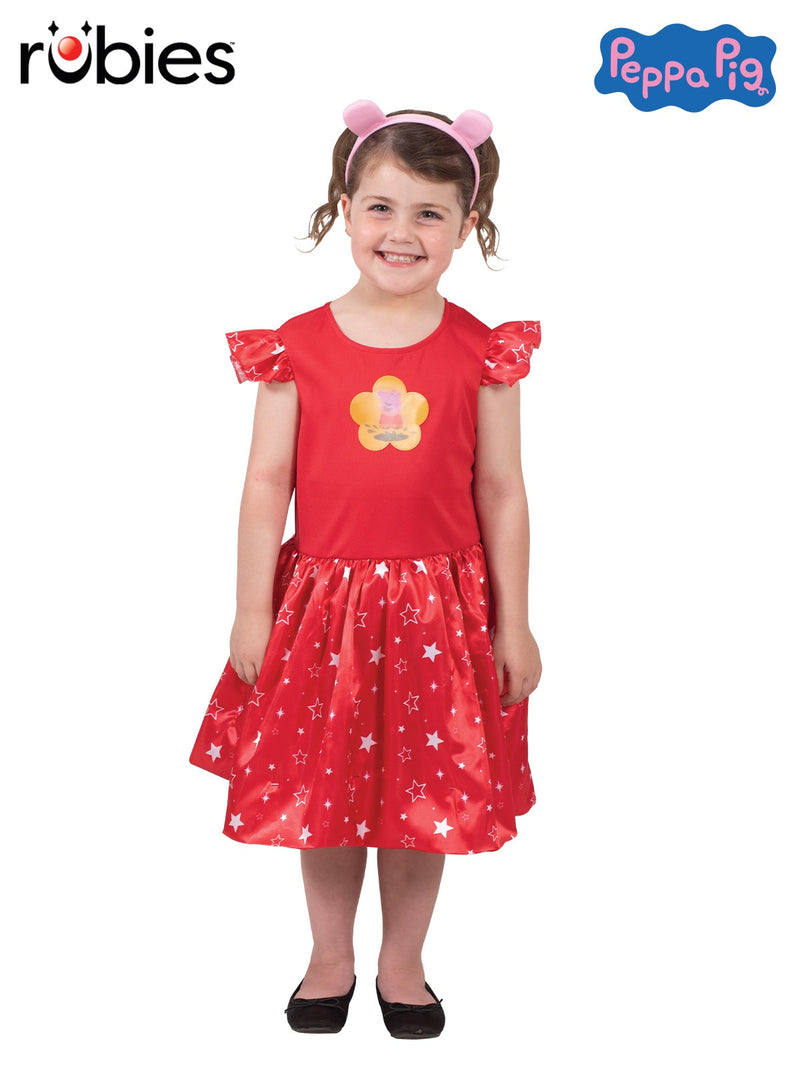 Kids Peppa Pig costume dress with red bodice, star-print skirt and pig ears headband