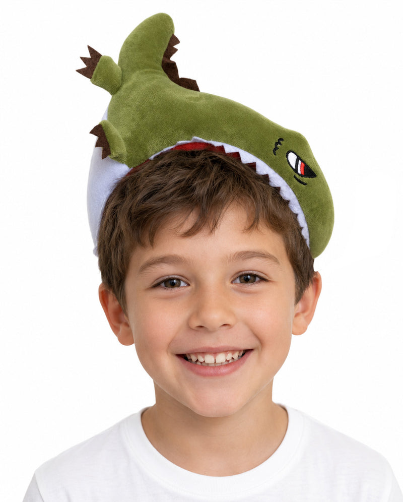 Kids T-Rex dinosaur headband with 3D sculpted jaws and spikes