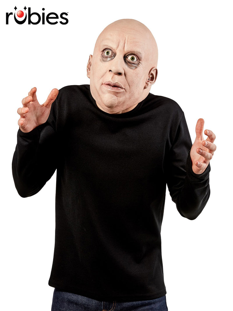 Adult Uncle Fester overhead latex mask with bald head and sunken eyes