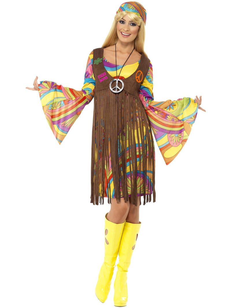 Womens 60s hippie costume with psychedelic bell-sleeve dress and brown fringed waistcoat