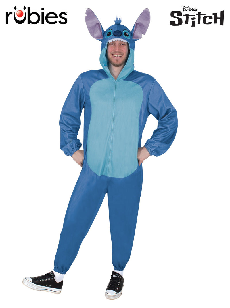 Adult wearing blue Disney Stitch onesie costume with 3D hood and purple ears