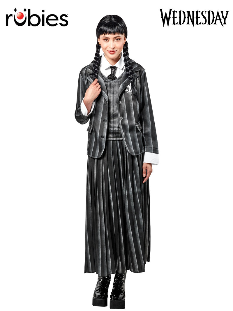 Womens Wednesday Addams Nevermore Academy uniform costume set with pinstriped jacket, vest and maxi skirt