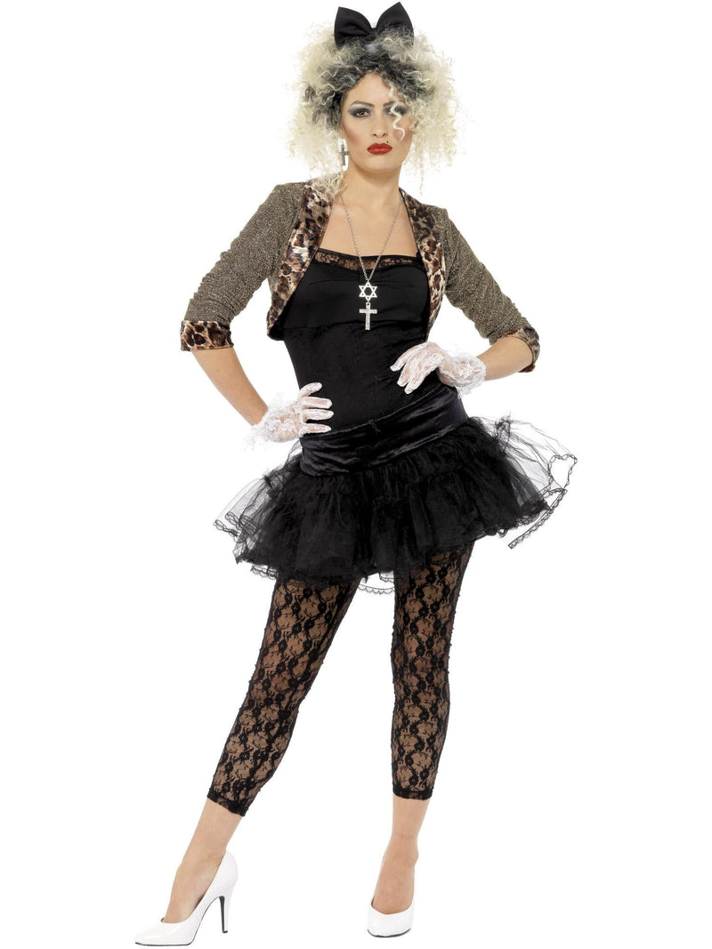 Womens 80s pop star costume with gold bolero jacket and black tutu