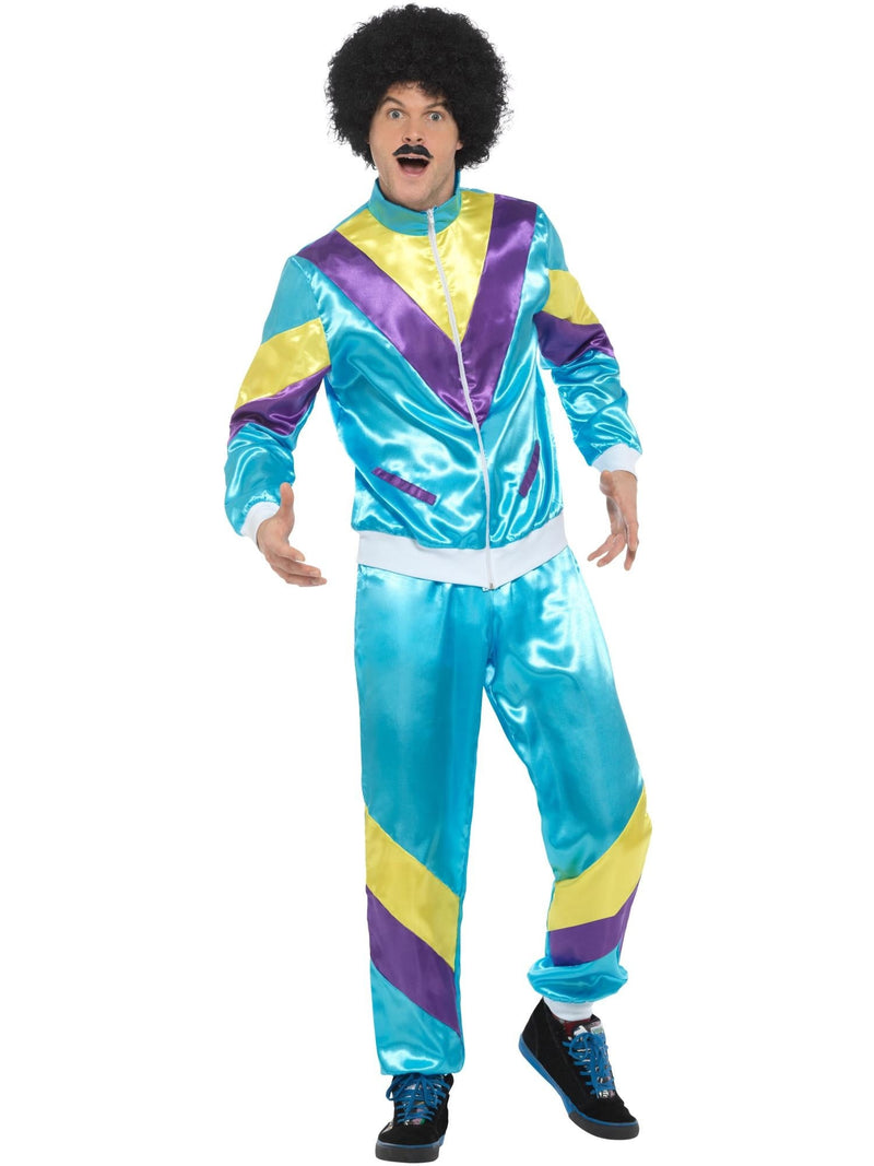 Mens 80s Shell Suit Costume with turquoise jacket and matching pants, front view