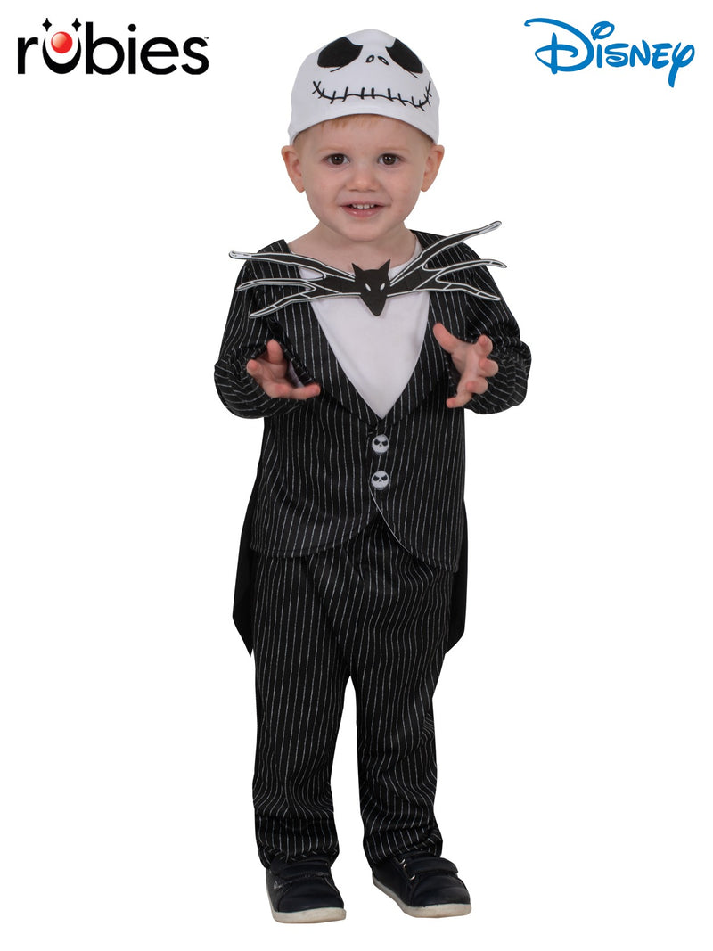 Toddler wearing Kids Jack Skellington Costume with pinstripe jacket and skull beanie