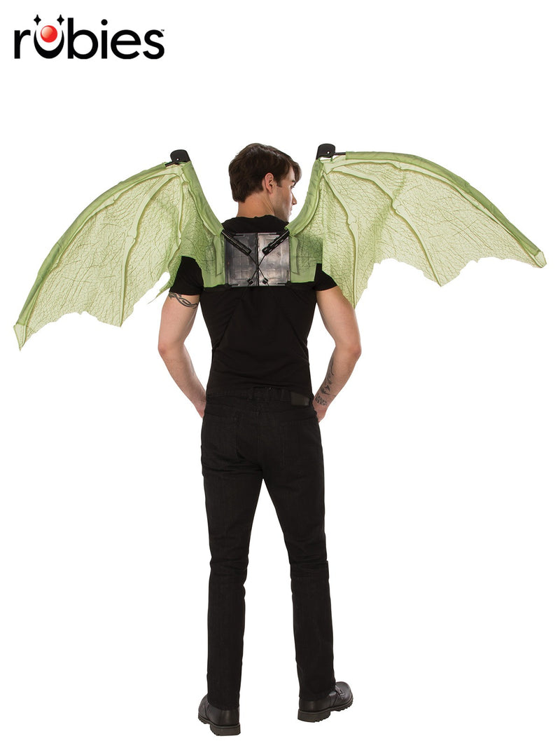 Adult green dragon wings with mechanical articulated frame and translucent scale-printed membrane