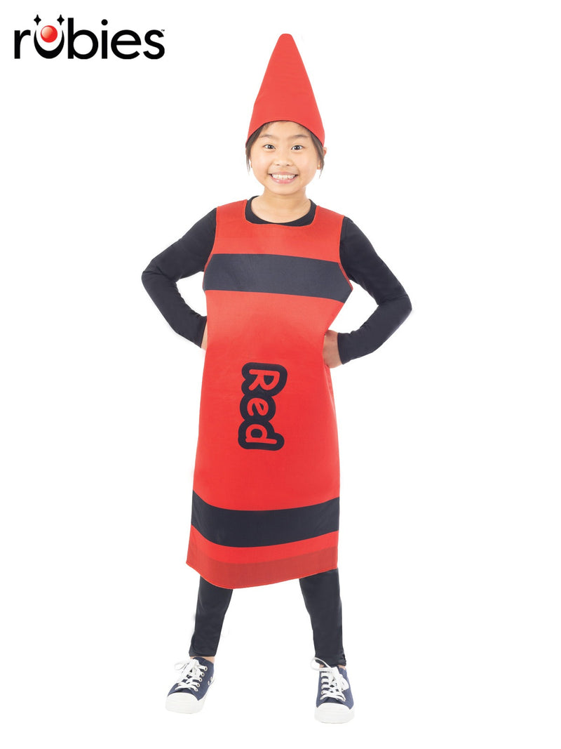 Kids red crayon costume tabard with black stripes and cone hat