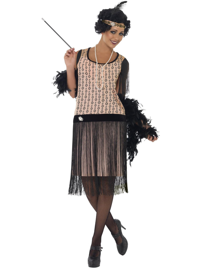 Womens 1920s Flapper Costume peach pink dress with black fringe tiers and feather headpiece