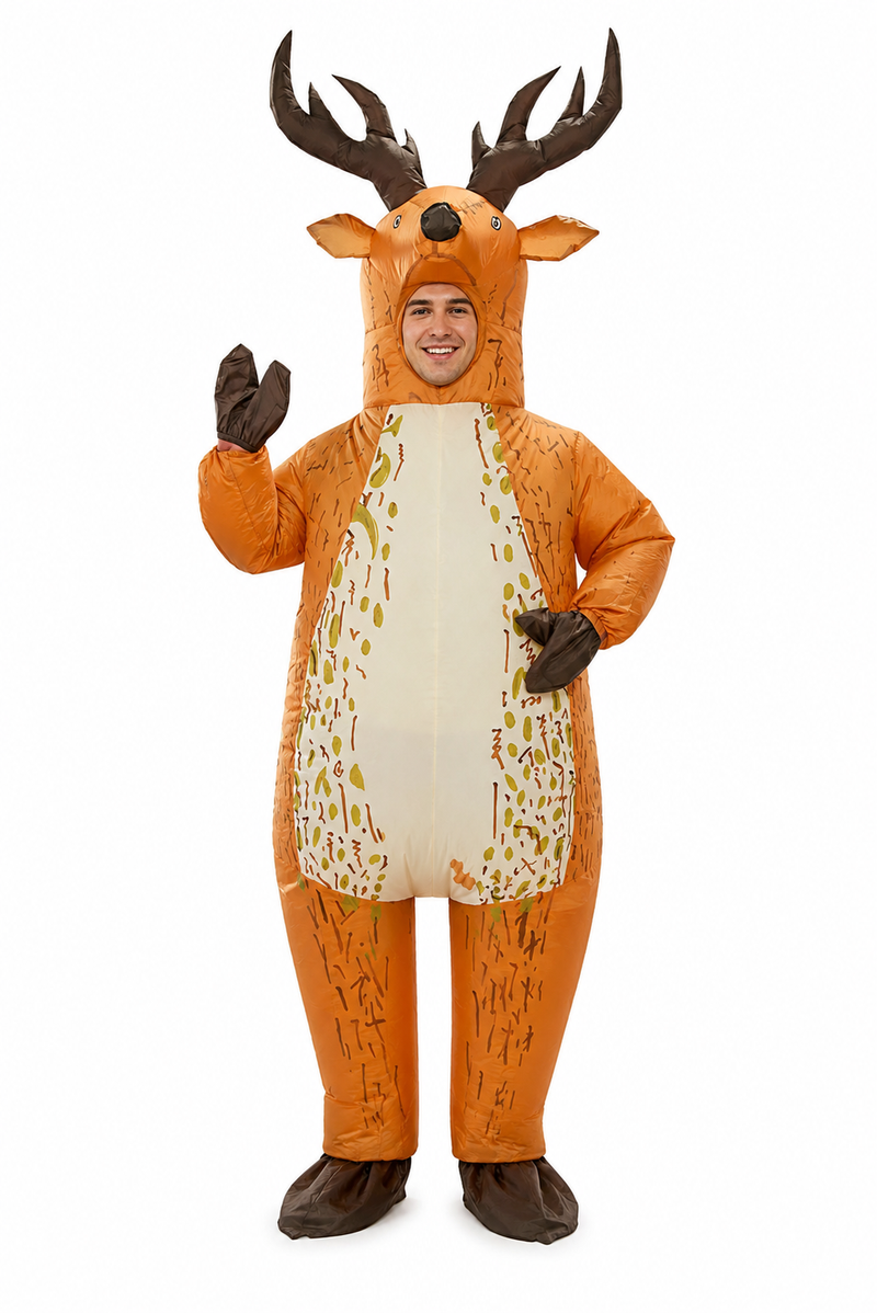Adult inflatable deer costume full body brown stag with tall antlers front view