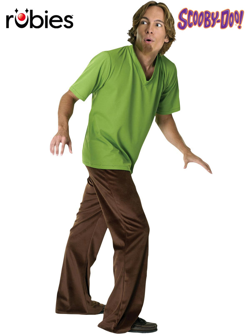 Mens Shaggy costume from Scooby-Doo with lime green tunic and brown pants