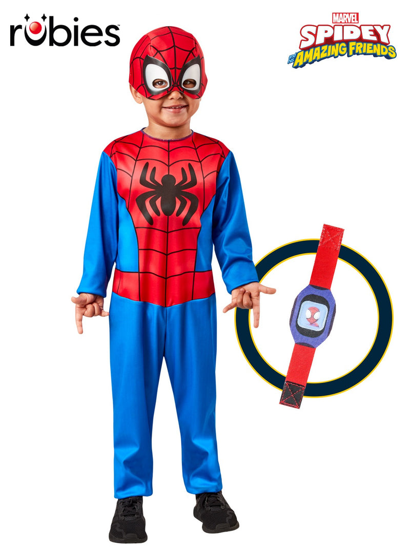 Kids Spider-Man costume box set with red and blue jumpsuit, mask and lenticular watch laid flat