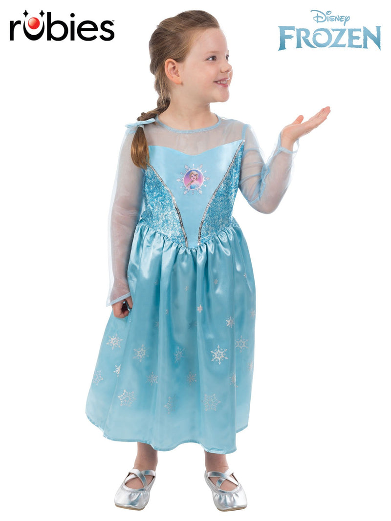 Kids Disney Frozen Elsa costume dress with ice blue bodice and flowing cape