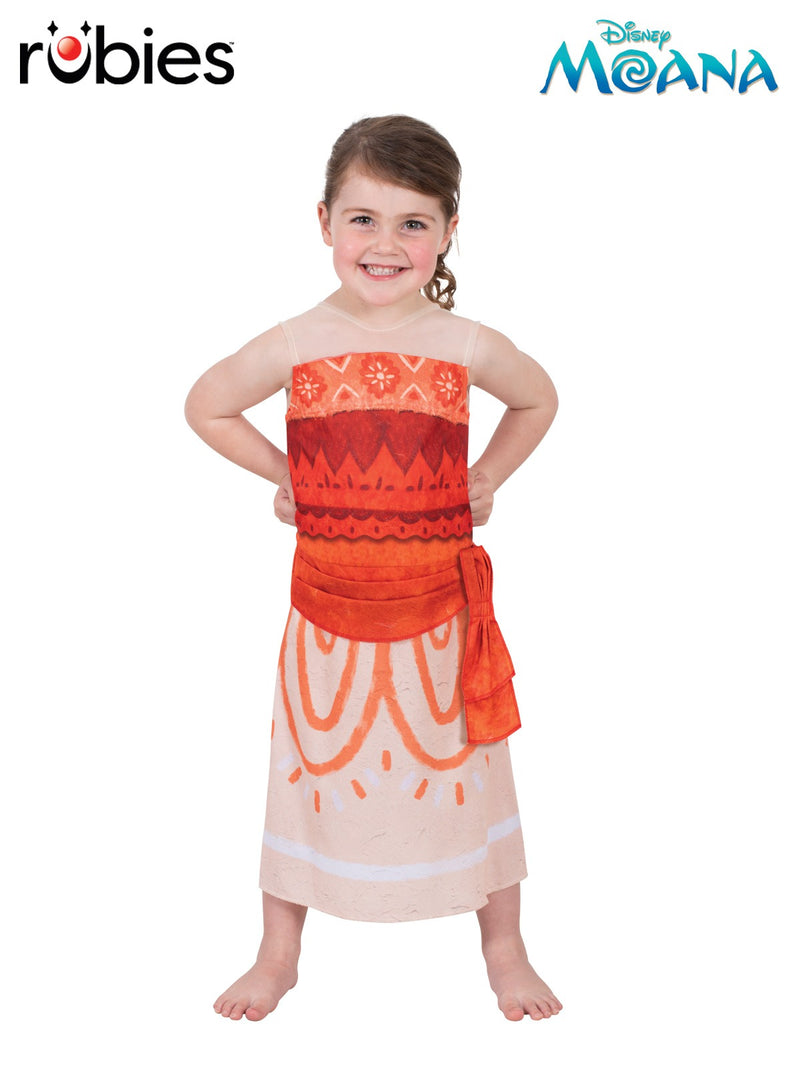 Kids Disney Moana toddler dress costume with printed Polynesian patterns and mesh neckline