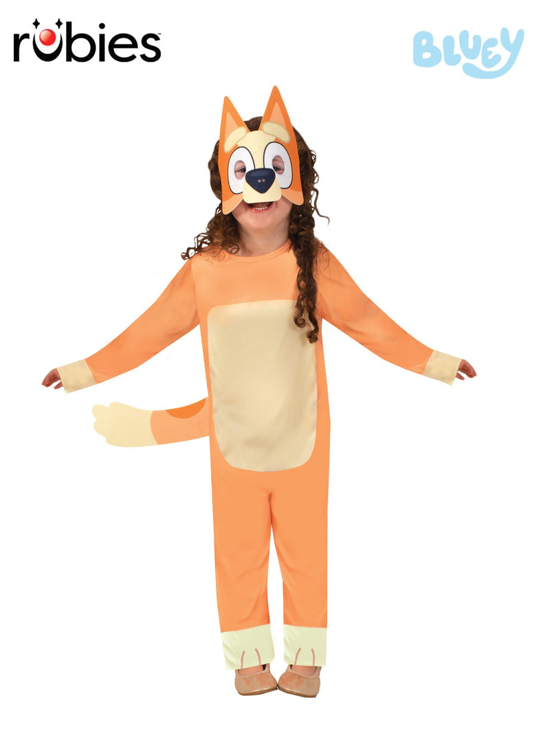 Child wearing orange Bingo costume from Bluey with attached tail and felt mask