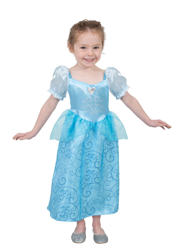 Kids Disney Cinderella costume dress in light blue satin with puff sleeves and tulle peplum waist detail