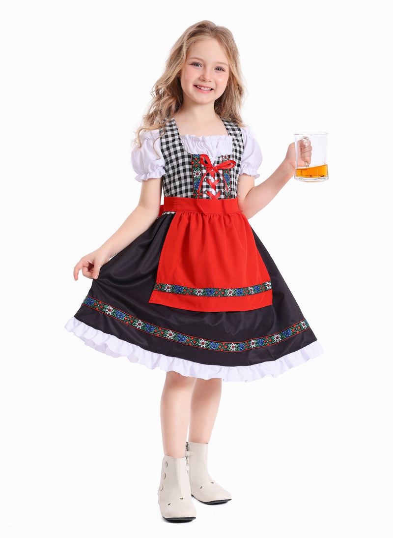 Girls Bavarian dirndl costume with black gingham bodice and red apron