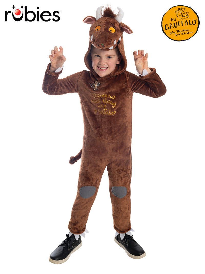 Kids Gruffalo costume full body view showing chocolate brown plush jumpsuit with 3D headpiece