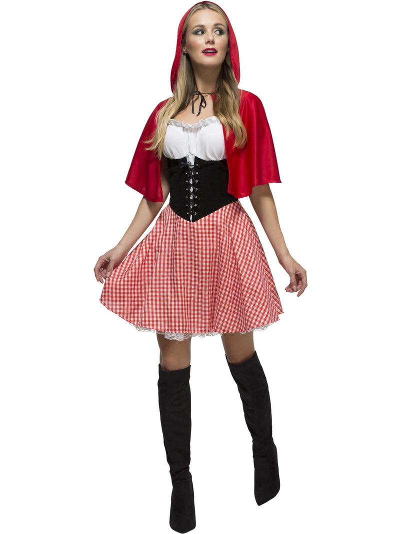 Womens Little Red Riding Hood costume with red hooded cape and corset dress