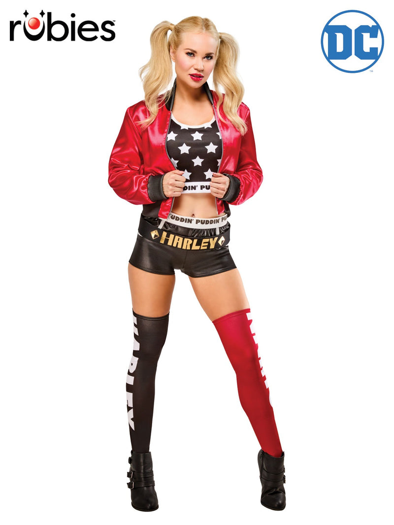 Womens Harley Quinn licensed costume set with red satin jacket and mismatched thigh-high stockings