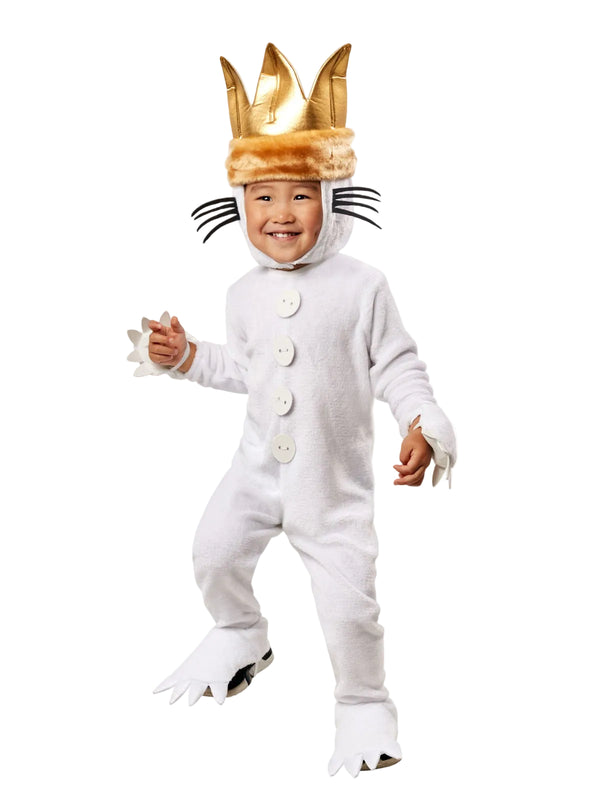 Kids Max Wolf Costume from Where The Wild Things Are with white jumpsuit and gold crown