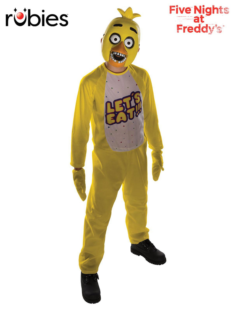 Adult Chica costume from Five Nights at Freddys showing yellow jumpsuit with LET'S EAT print and white belly panel