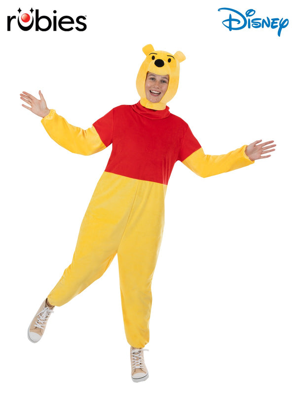 Adult Winnie the Pooh plush onesie costume with yellow jumpsuit and red shirt panel
