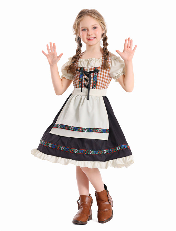 Girls brown gingham Oktoberfest dirndl costume with cream apron and puff sleeves