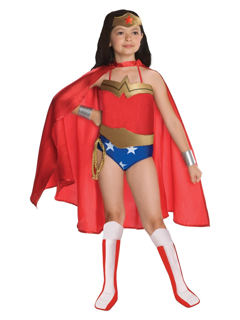 Kids Wonder Woman costume with red cape, gold tiara, star leotard and lasso