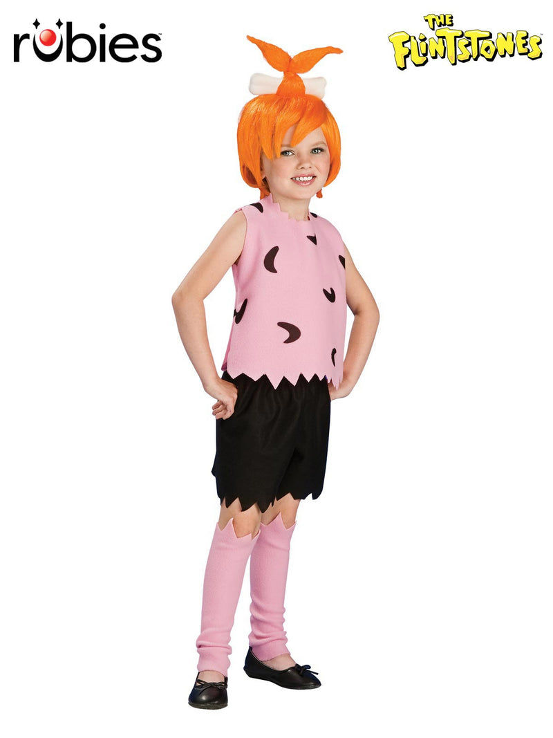 Kids Pebbles Flintstone costume with pink stone-age tunic, orange wig, and leg warmers