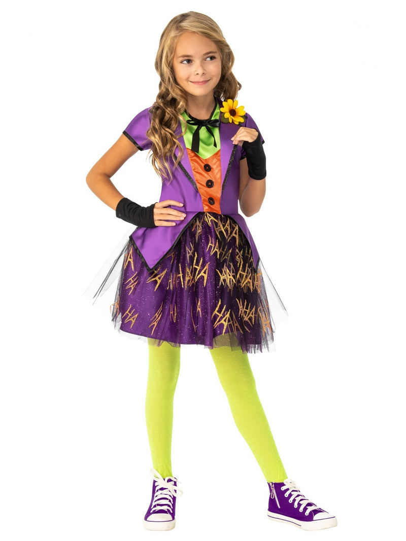 Kids Joker tutu costume with purple glitter skirt and HA HA HA gold print