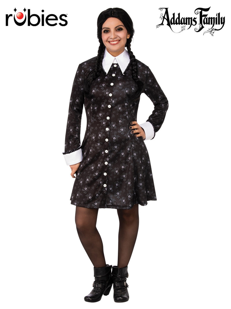 Womens Wednesday Addams black dress costume with skeleton floral print and white Peter Pan collar