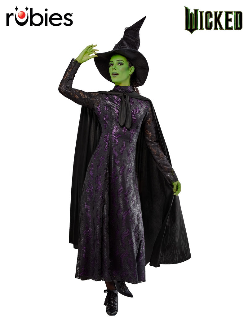 Womens Elphaba Wicked Witch costume with black lace dress, purple bodice, and curved-tip hat