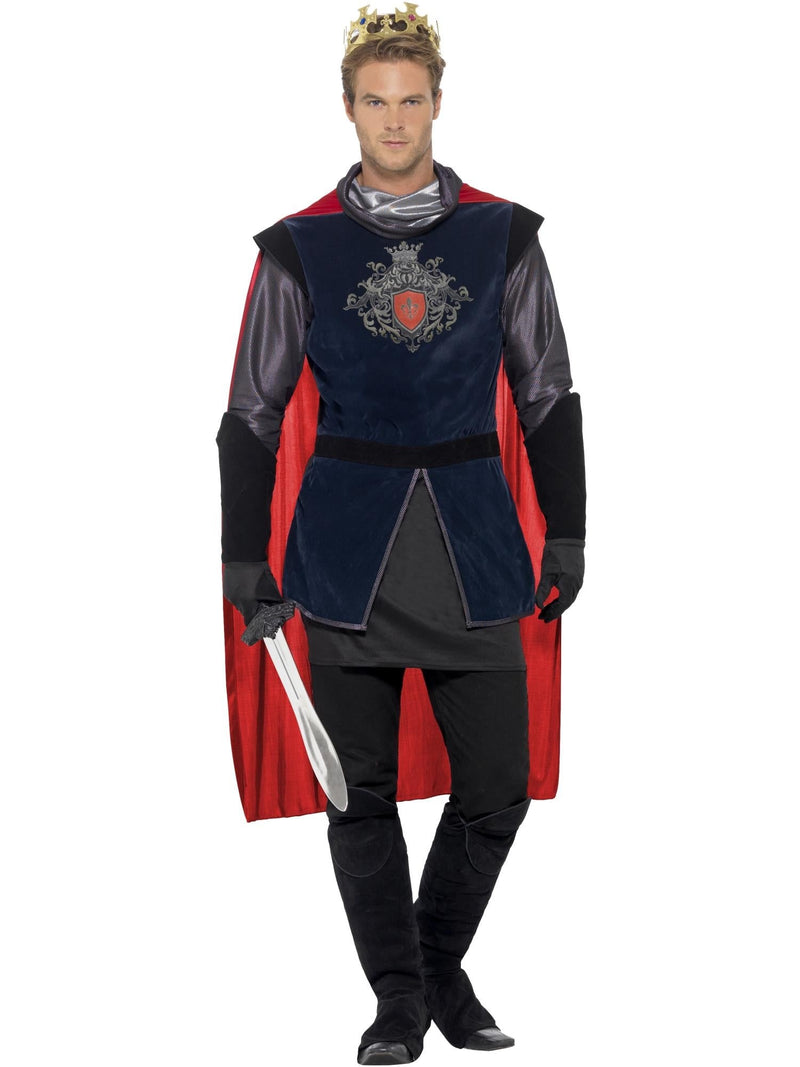Mens King Arthur Costume with navy tunic, red cape, gold crown and medieval knight styling